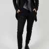 Straight Leg Stretch Denim Trousers in Black with Latex Detail Finish