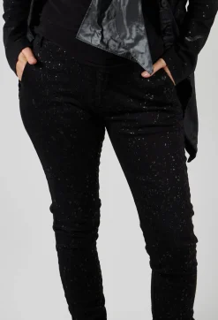 Straight Leg Stretch Denim Trousers in Black with Latex Detail Finish