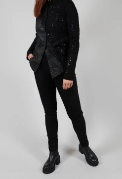 Straight Leg Stretch Denim Trousers in Black with Latex Detail Finish