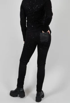 Straight Leg Stretch Denim Trousers in Black with Latex Detail Finish