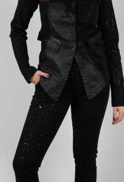 Straight Leg Stretch Denim Trousers in Black with Latex Detail Finish