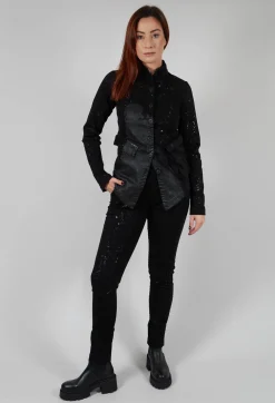 Straight Leg Stretch Denim Trousers in Black with Latex Detail Finish