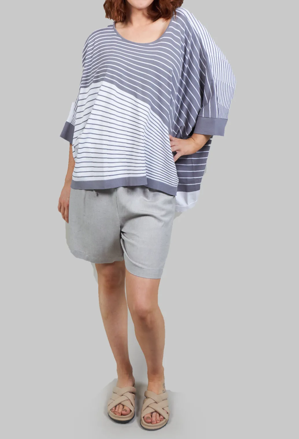 Striped Batwing Jumper in Grey and White