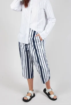 Striped Cropped Style - Casual Trousers in White