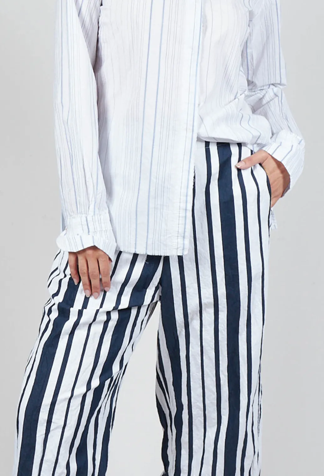 Striped Cropped Style - Casual Trousers in White