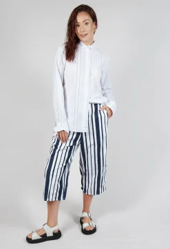 Striped Cropped Style - Casual Trousers in White