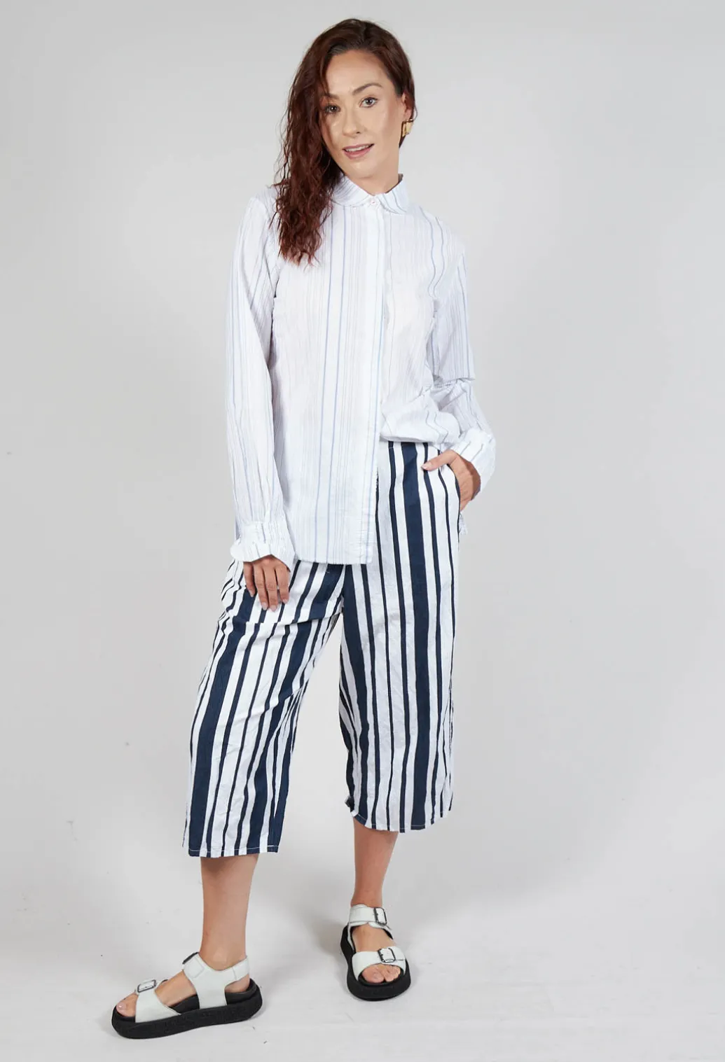 Striped Cropped Style - Casual Trousers in White