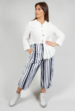 Striped Cropped Style - Casual Trousers in White