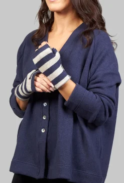 Striped Fingerless Gloves in Navy