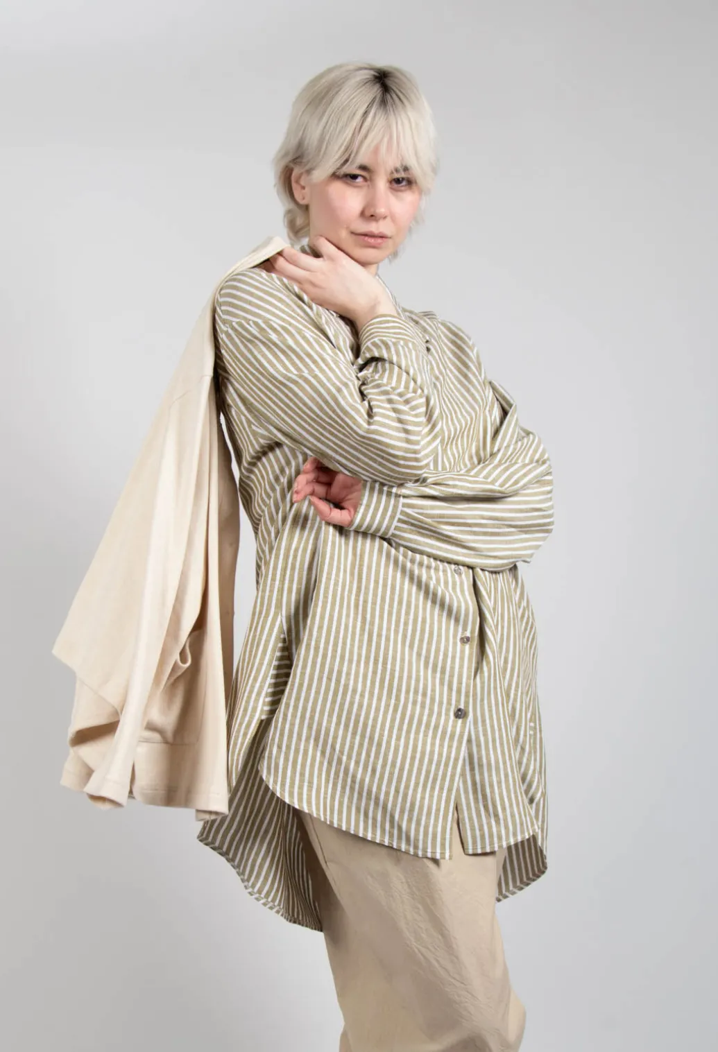 Striped Pleated Back Shirt in Riga Avocado