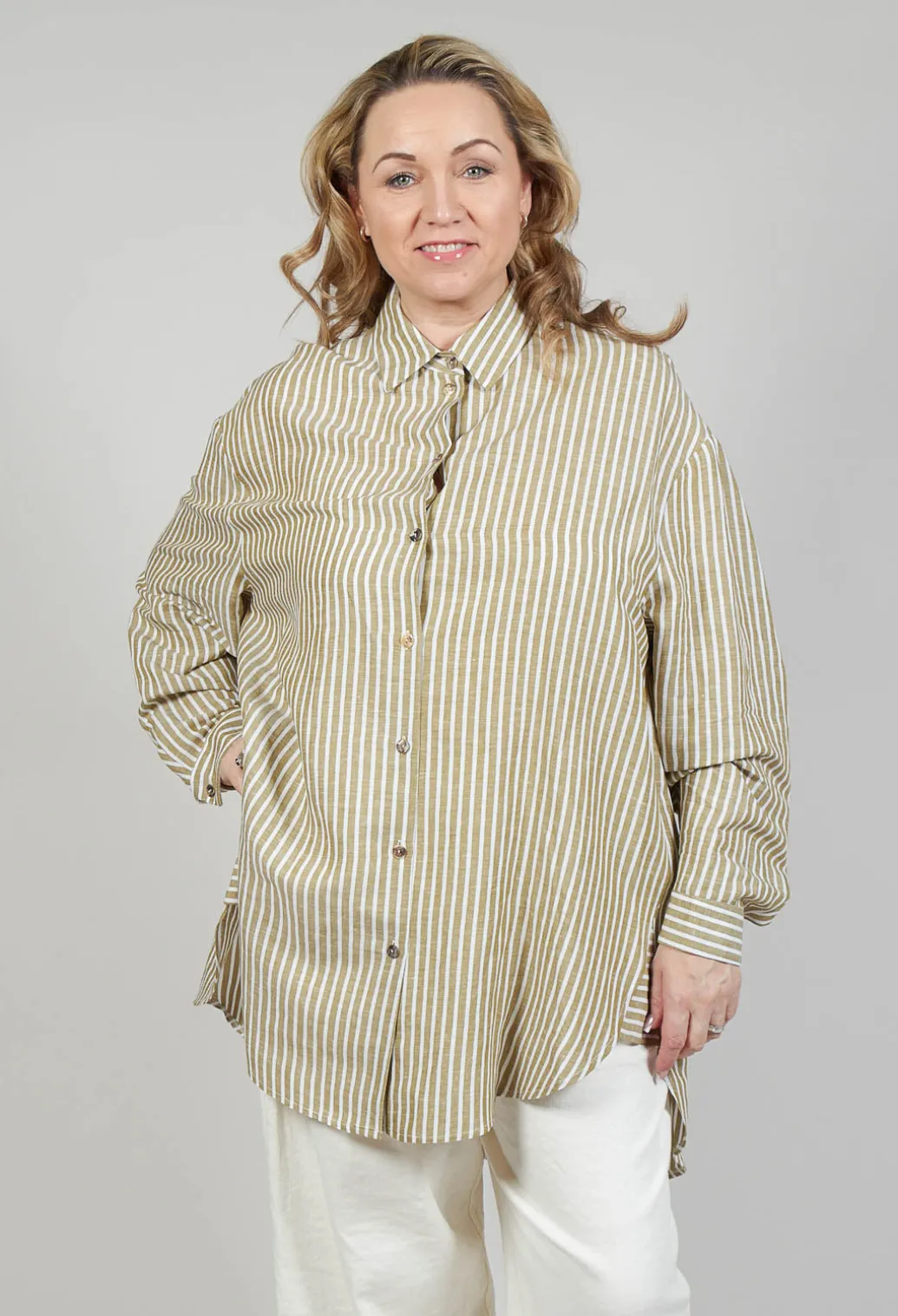 Striped Pleated Back Shirt in Riga Avocado