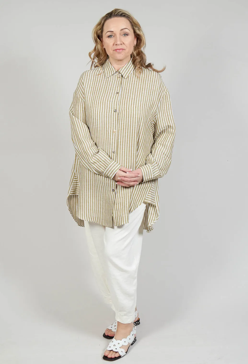 Striped Pleated Back Shirt in Riga Avocado