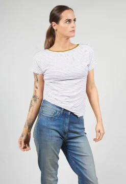 Striped T Shirt with Contrast Neckline in Lilla