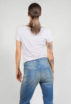 Striped T Shirt with Contrast Neckline in Lilla