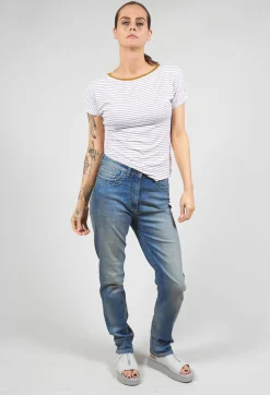 Striped T Shirt with Contrast Neckline in Lilla