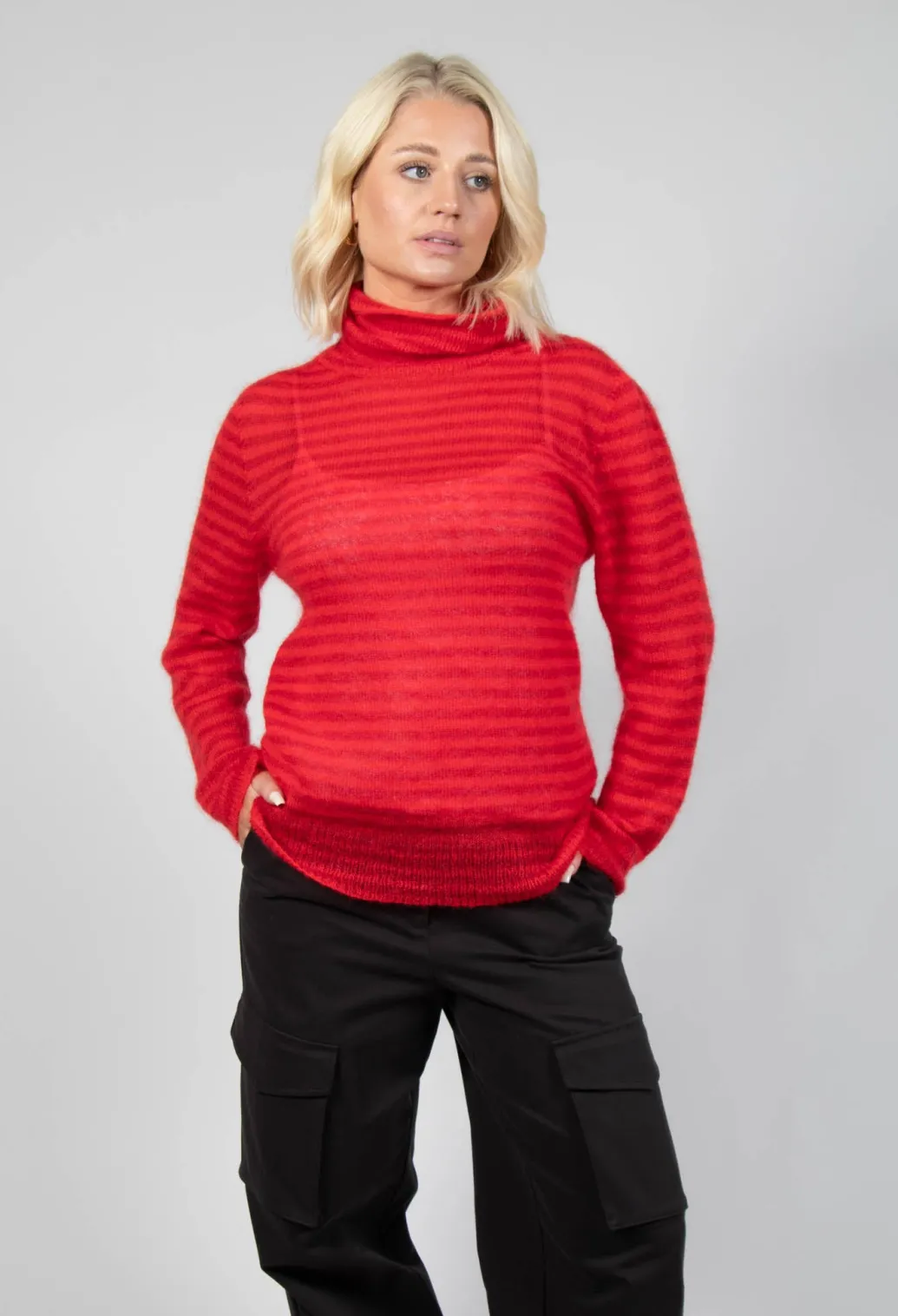 Striped Turtleneck Sweater in Adrenaline Red