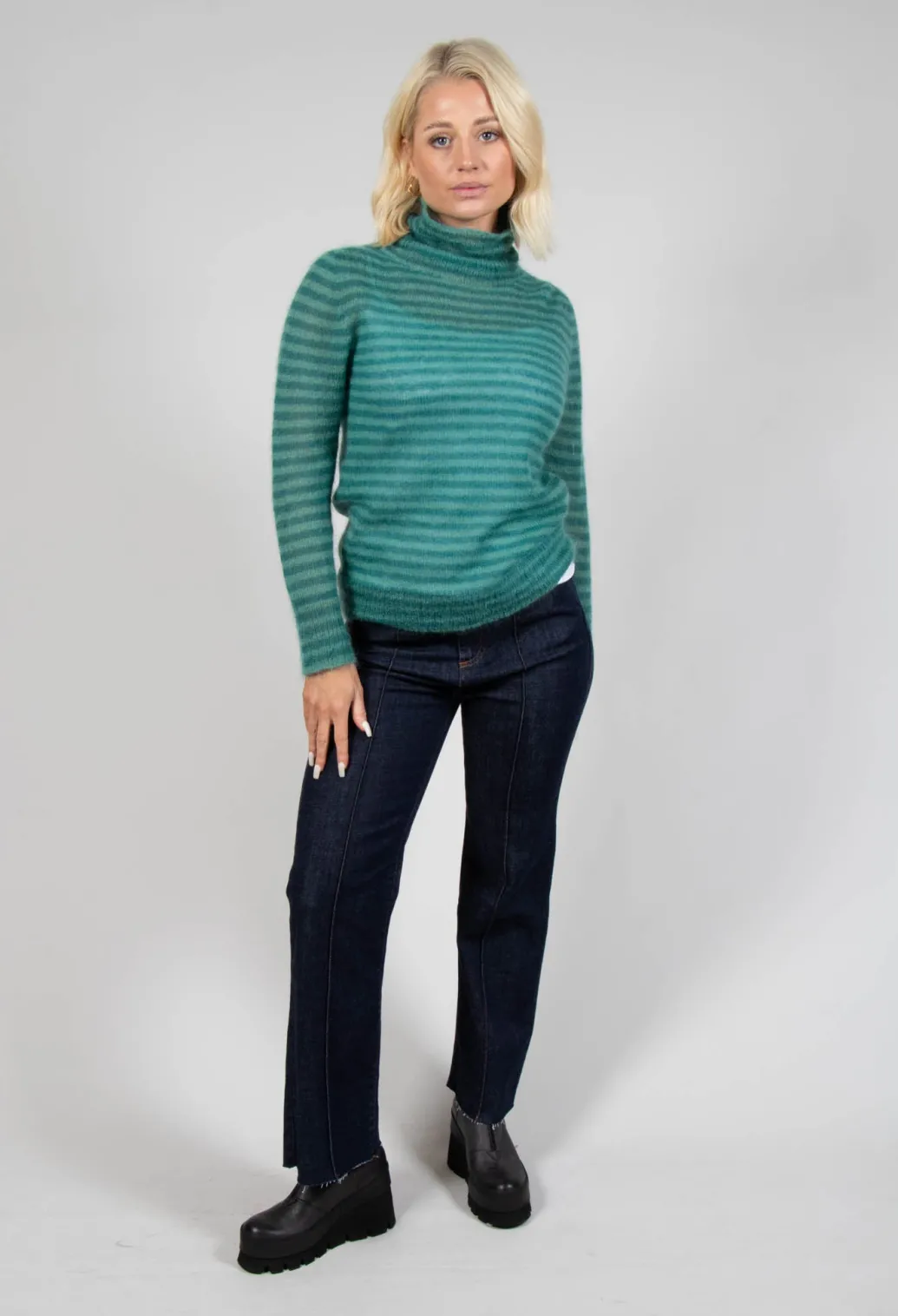 Striped Turtleneck Sweater in Teal Green