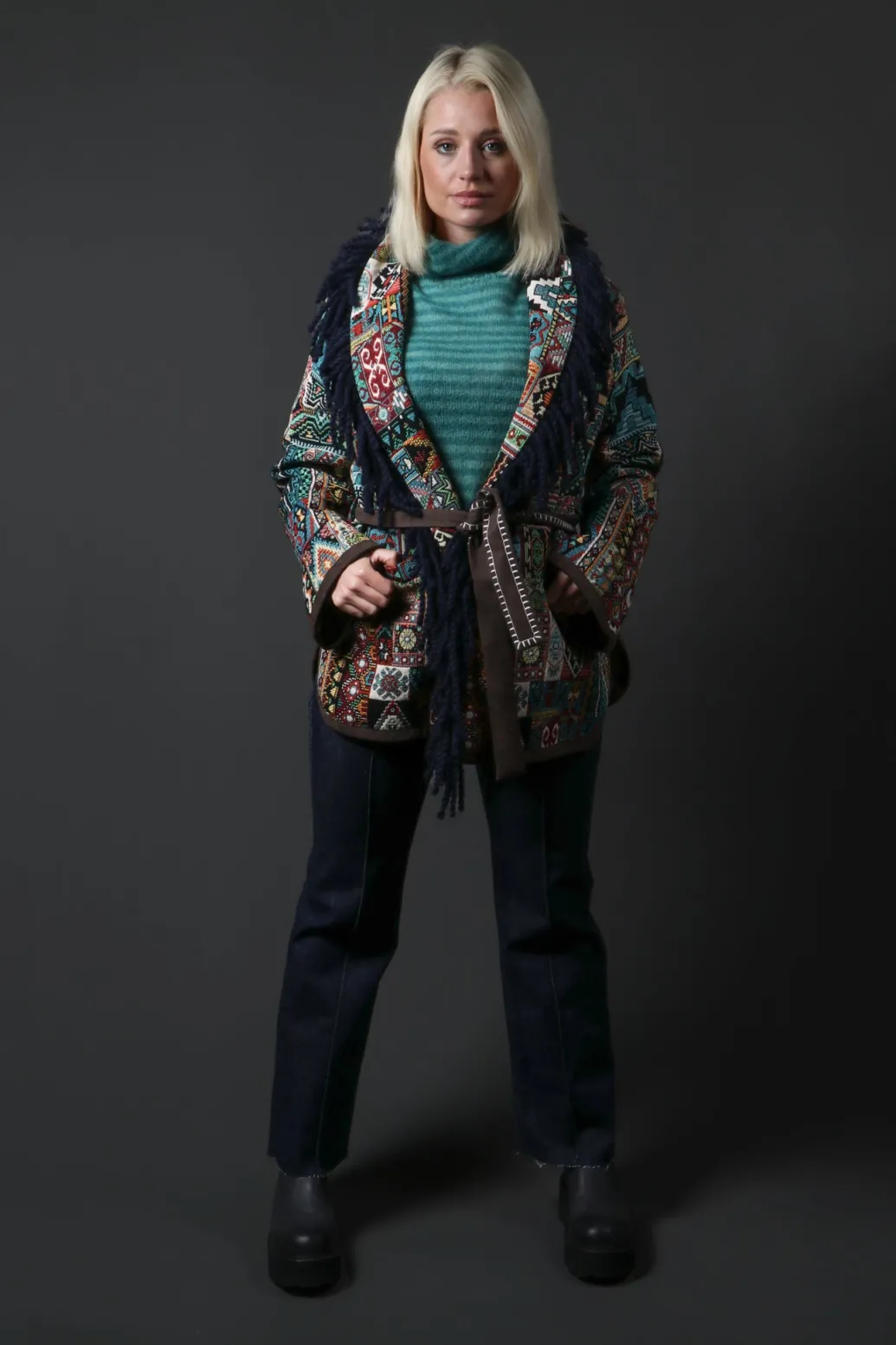 Striped Turtleneck Sweater in Teal Green