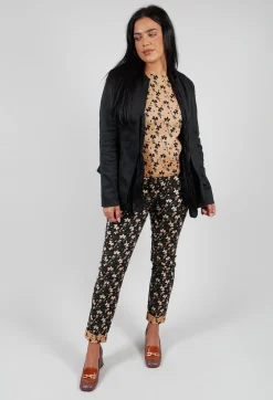 Structured Straight Leg Trousers with Print in Nero / Biscotto