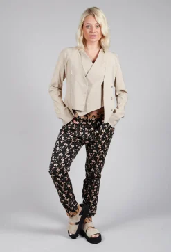 Structured Straight Leg Trousers with Print in Nero / Biscotto
