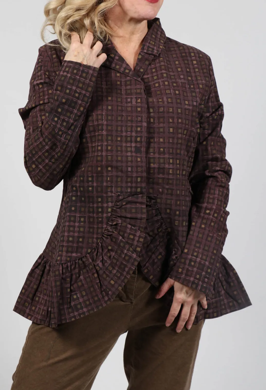 Tailored Jacket with Peplum Hem in Brown Check