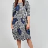 Three Quarter Sleeve Smash Dress in Indigo Flower Check