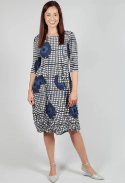 Three Quarter Sleeve Smash Dress in Indigo Flower Check