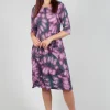 Three Quarter Sleeve Smash Dress in Purple Leaf
