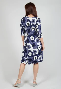 Three Quarter Sleeve Smash Dress in Indigo Flower Spot