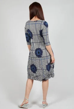 Three Quarter Sleeve Smash Dress in Indigo Flower Check