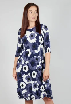 Three Quarter Sleeve Smash Dress in Indigo Flower Spot