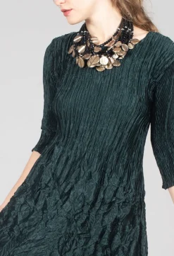 Three Quarter Sleeve Smash Dress in Metallic Forest