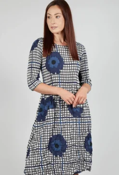 Three Quarter Sleeve Smash Dress in Indigo Flower Check