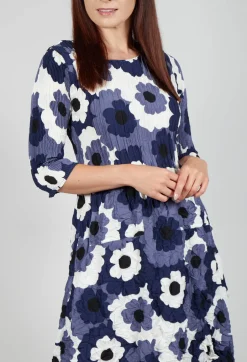 Three Quarter Sleeve Smash Dress in Indigo Flower Spot