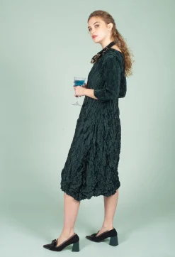 Three Quarter Sleeve Smash Dress in Metallic Forest