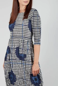 Three Quarter Sleeve Smash Dress in Indigo Flower Check