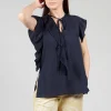 Top with Pleated Ruffles in Dark Blue