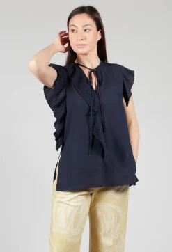 Top with Pleated Ruffles in Dark Blue