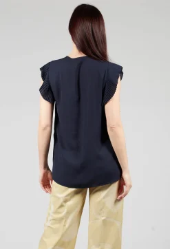 Top with Pleated Ruffles in Dark Blue