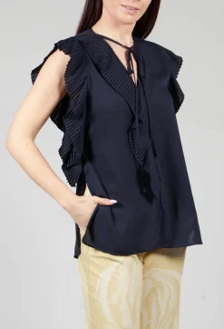 Top with Pleated Ruffles in Dark Blue