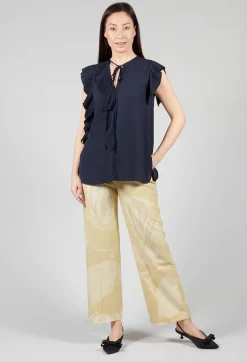 Top with Pleated Ruffles in Dark Blue