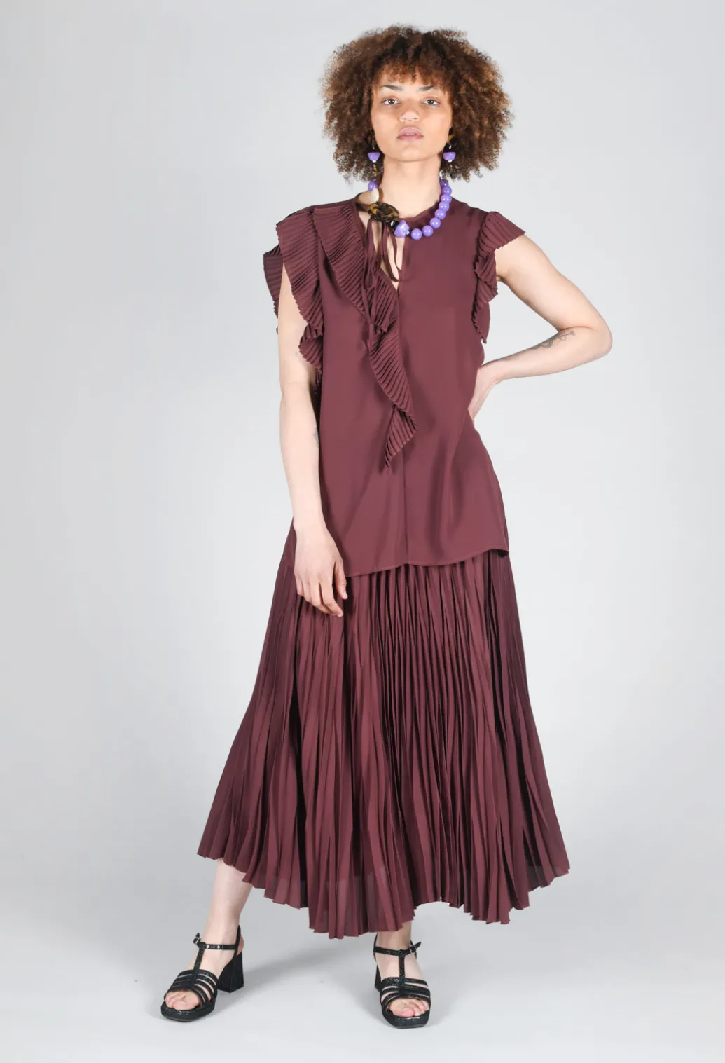 Top with Pleated Ruffles in Cocoa