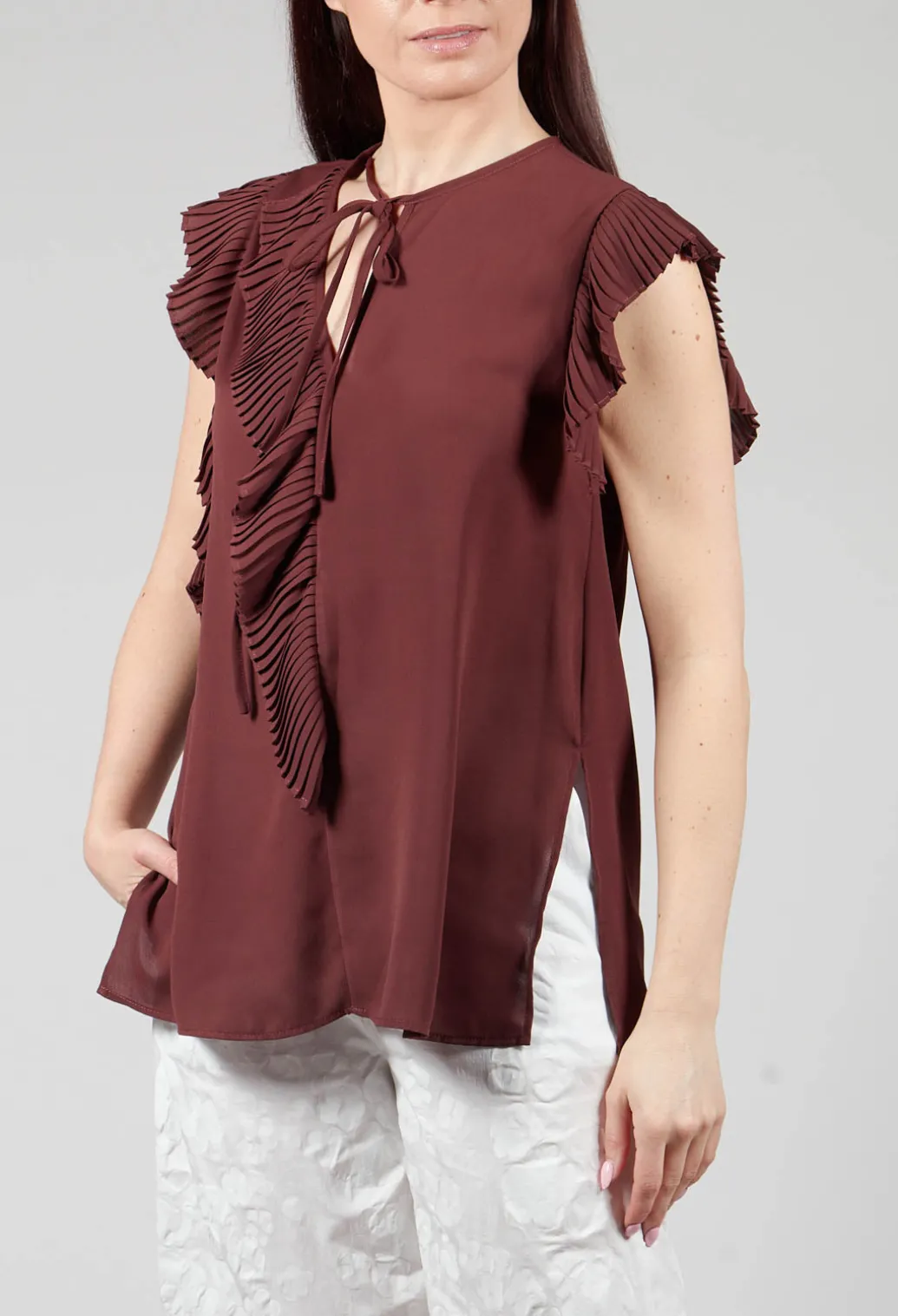 Top with Pleated Ruffles in Cocoa