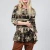 Top with Ruffle Peplum Hem in Bronze Print