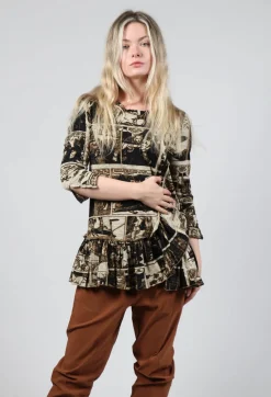 Top with Ruffle Peplum Hem in Bronze Print