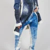 Trousers with Contrast Inside Panels in Denim Print