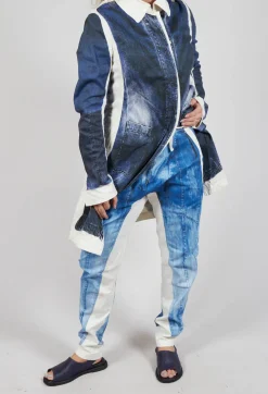 Trousers with Contrast Inside Panels in Denim Print