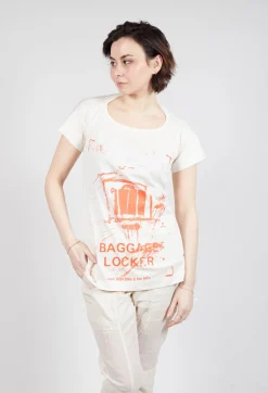 T-Shirt with Square Neckline in Greige and Mandarine Print