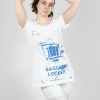 T-Shirt with Square Neckline in Bleach and Royal Print