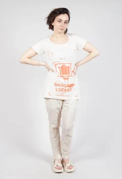 T-Shirt with Square Neckline in Greige and Mandarine Print